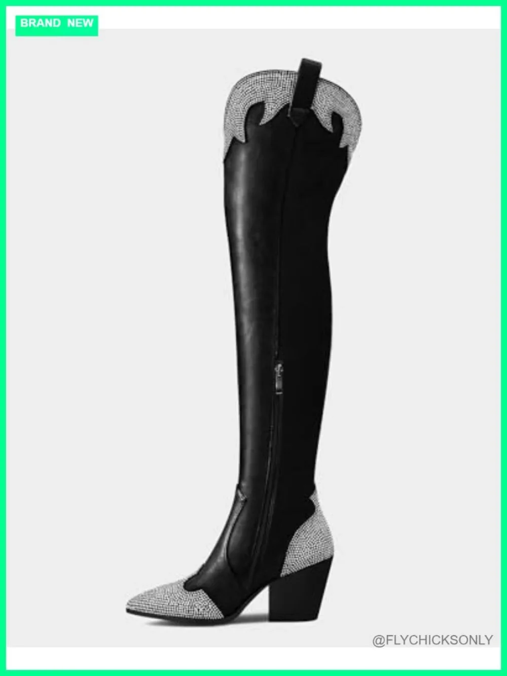 Women's Faux Leather Thigh High Cowboy Boots Rhinestone Chunky Heel Pointed Toe